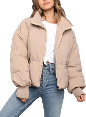 Flygo Winter Cropped Puffer Jacket Coats for Women 2024 Short Warm Quilted Jackets Outerwear with Pockets