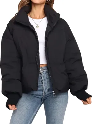 Flygo Winter Cropped Puffer Jacket Coats for Women 2024 Short Warm Quilted Jackets Outerwear with Pockets