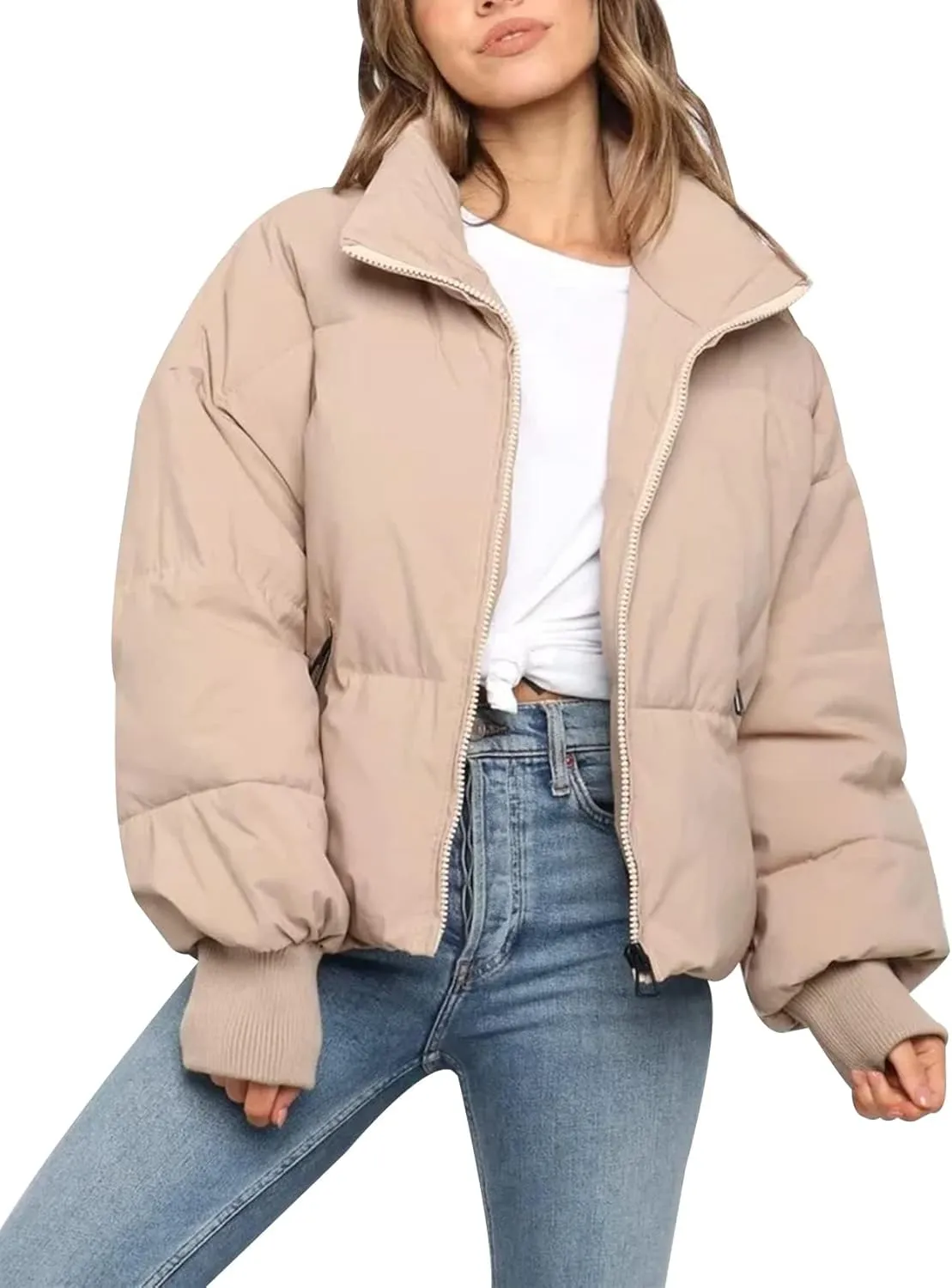 Flygo Winter Cropped Puffer Jacket Coats for Women 2024 Short Warm Quilted Jackets Outerwear with Pockets