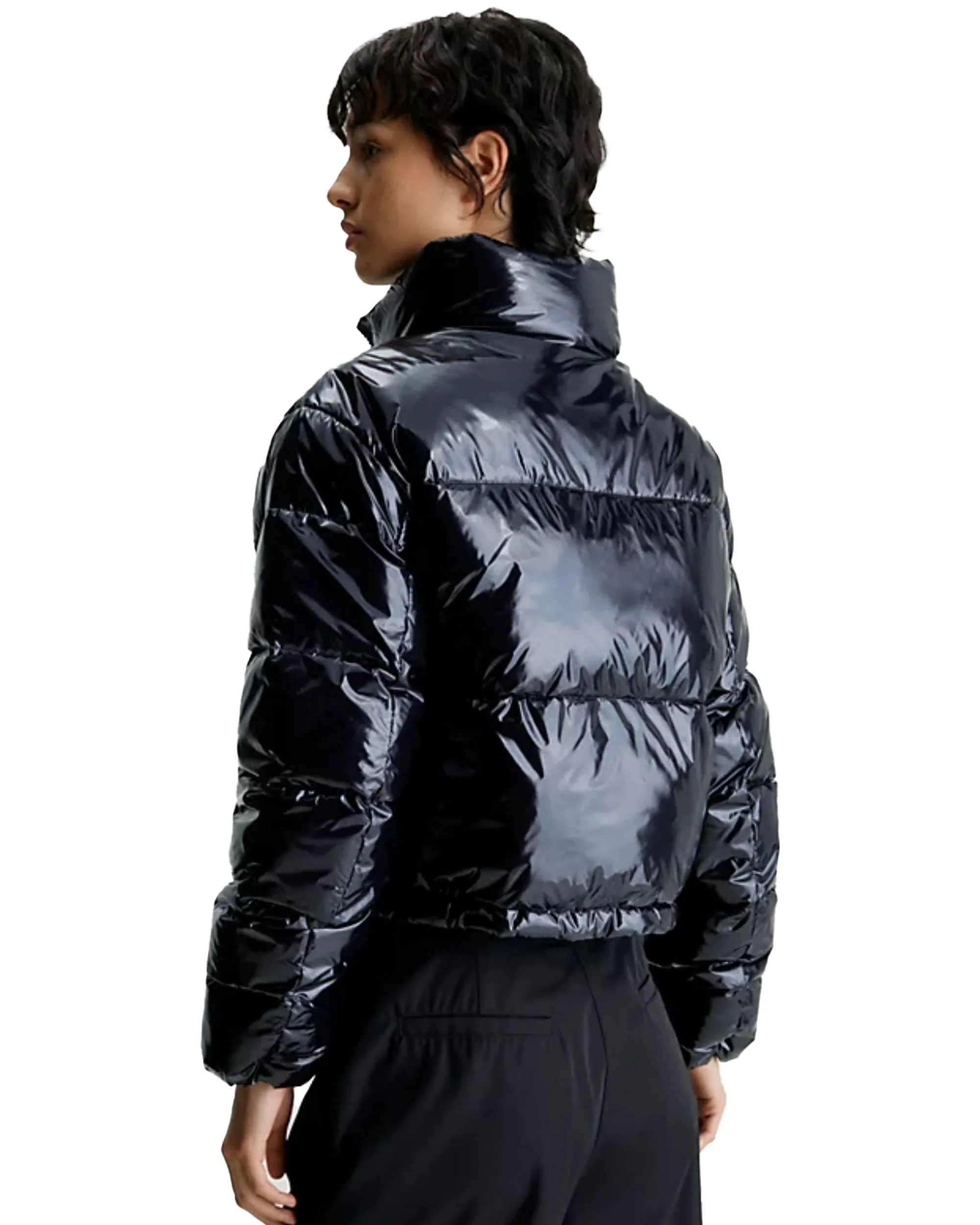 Optimizd Title: Calvin Klein Womens Cropped Shiny Black Puffer Jacket