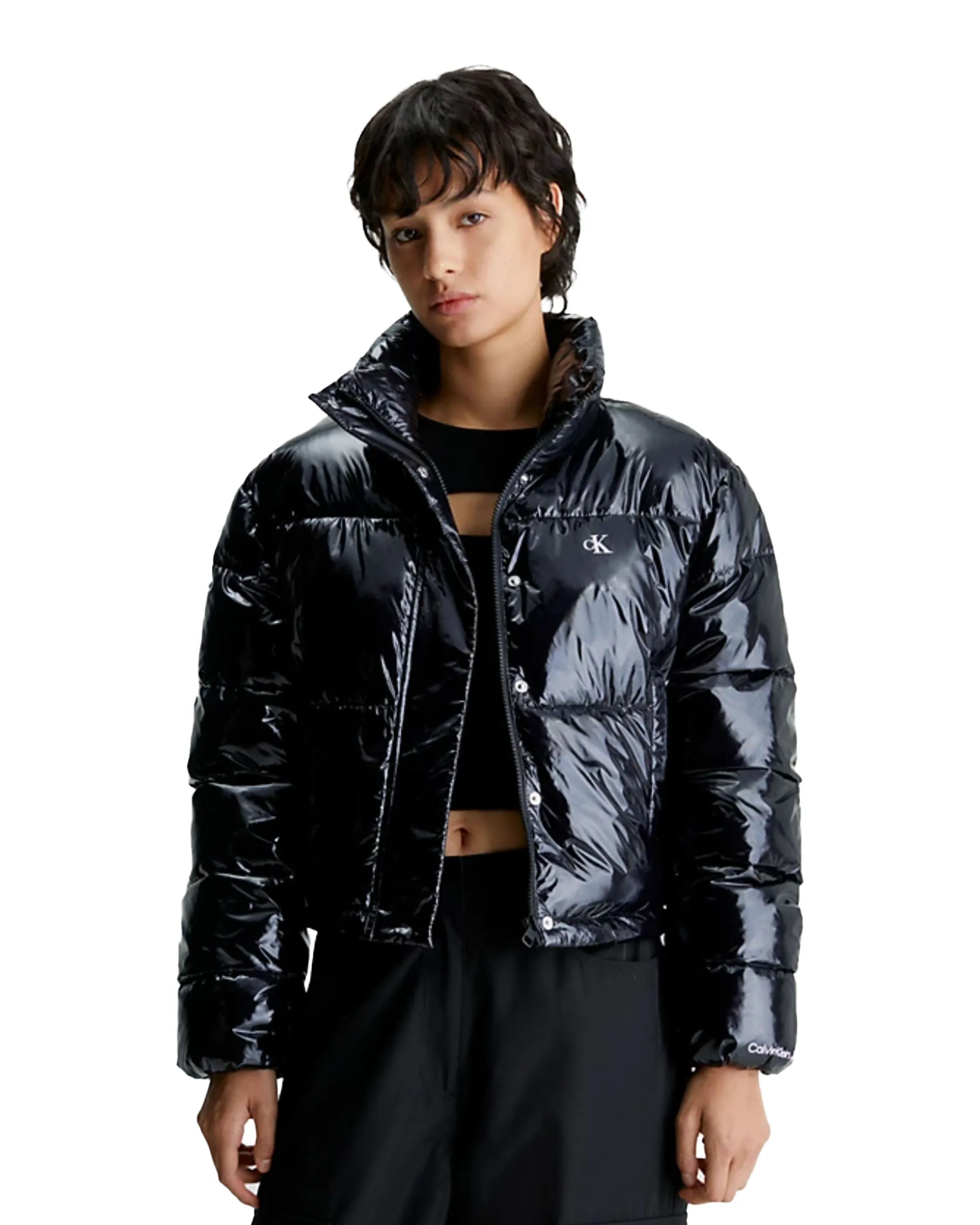 Optimizd Title: Calvin Klein Womens Cropped Shiny Black Puffer Jacket