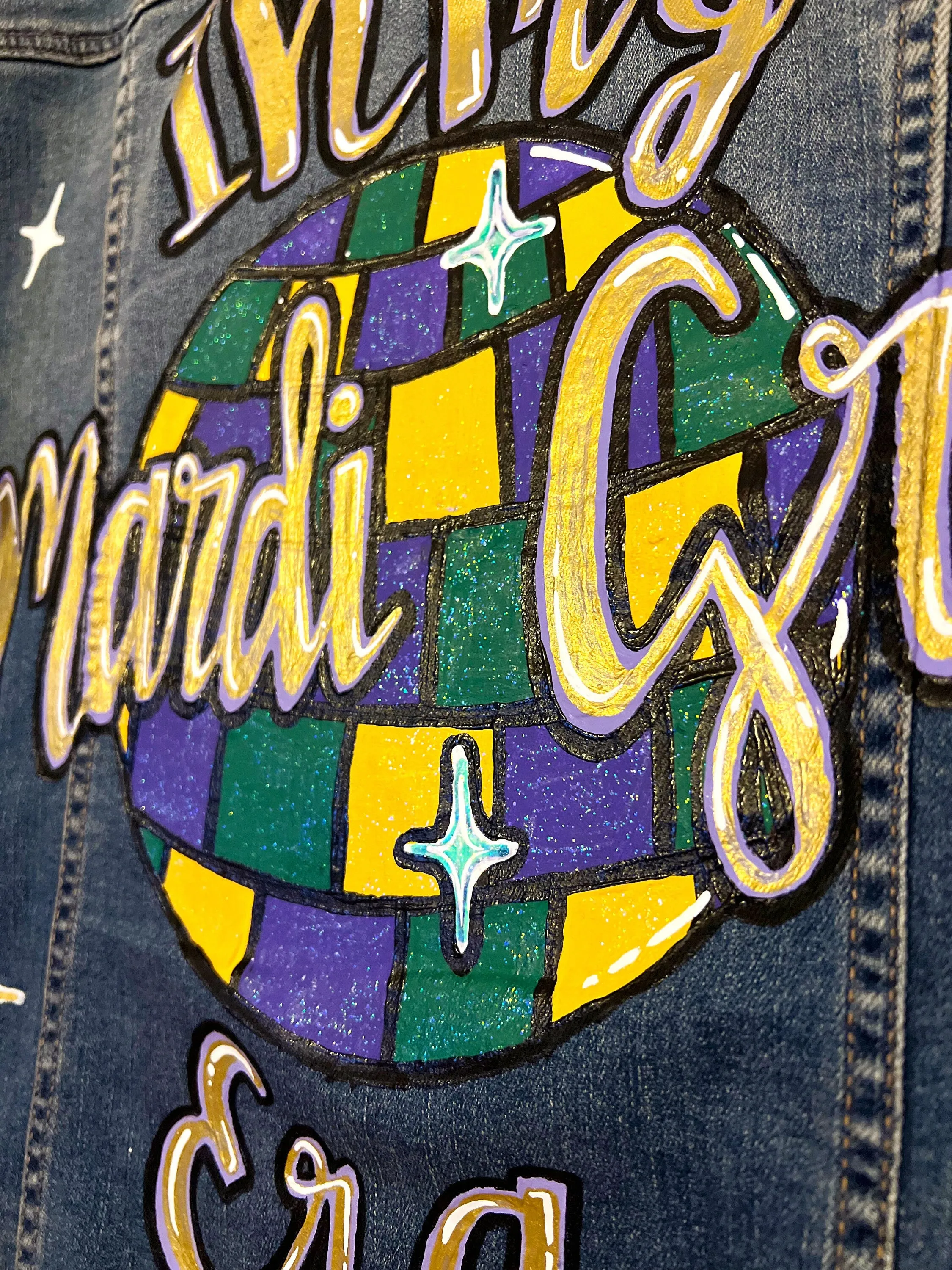 Hand Painted Mardi Gras Jean Jacket - Mardi Gras, Painted Jean Jacket, New Orleans, NOLA, Purple Green Gold, Mardi Gras, Parade Outfit