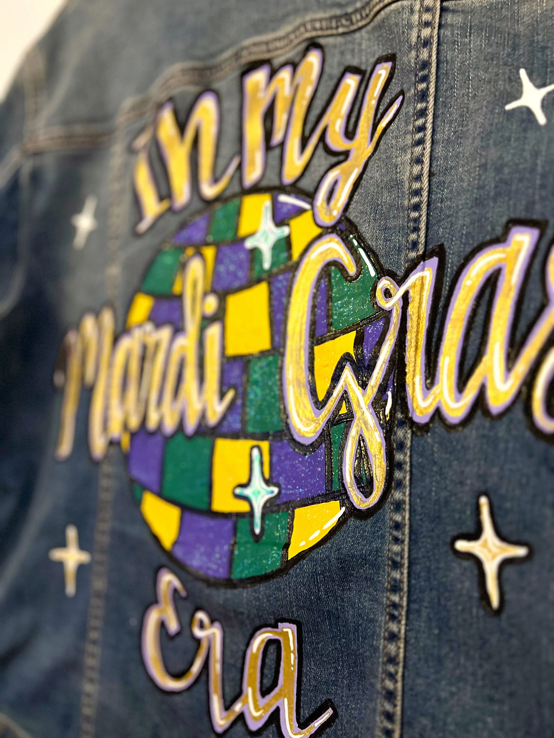 Hand Painted Mardi Gras Jean Jacket - Mardi Gras, Painted Jean Jacket, New Orleans, NOLA, Purple Green Gold, Mardi Gras, Parade Outfit