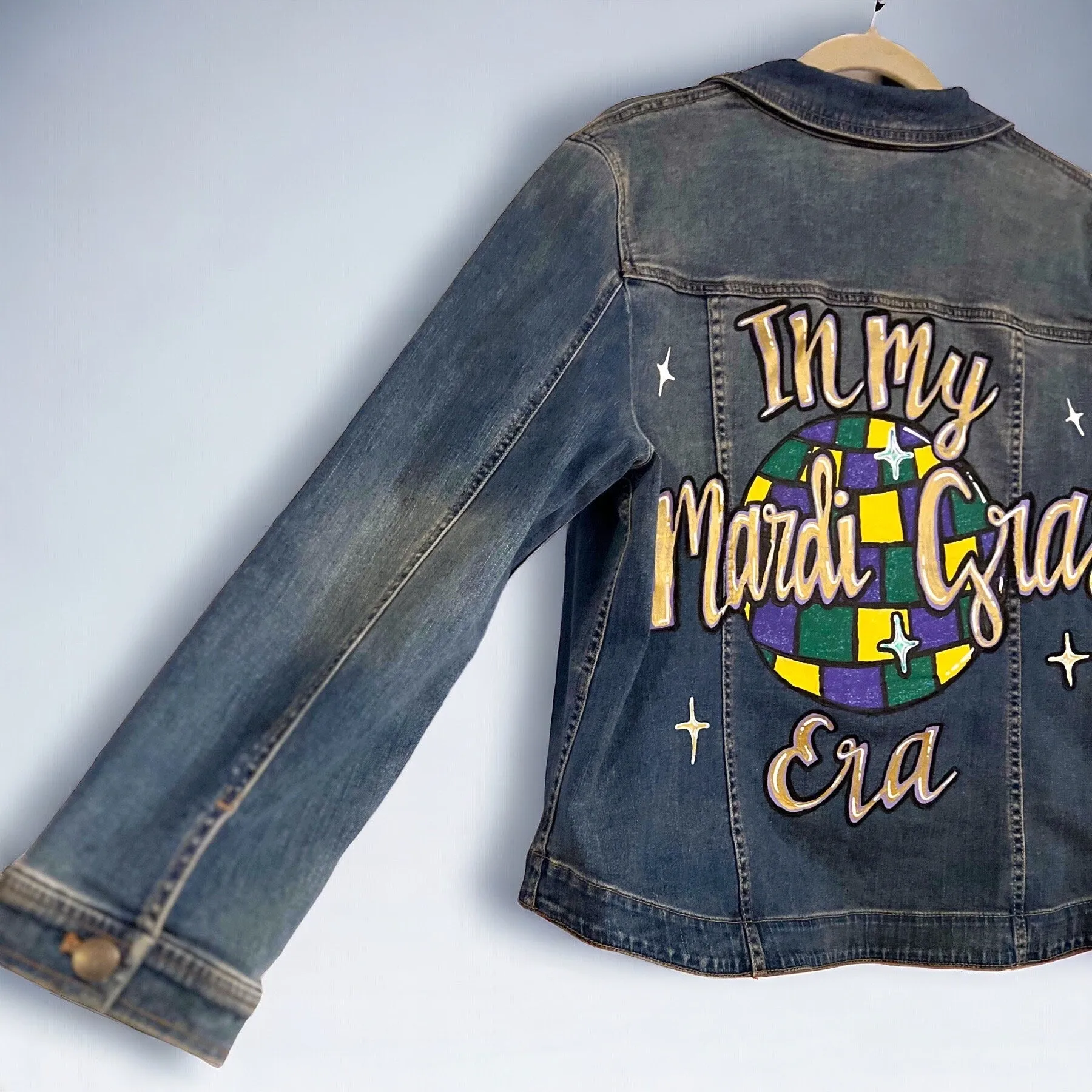 Hand Painted Mardi Gras Jean Jacket - Mardi Gras, Painted Jean Jacket, New Orleans, NOLA, Purple Green Gold, Mardi Gras, Parade Outfit