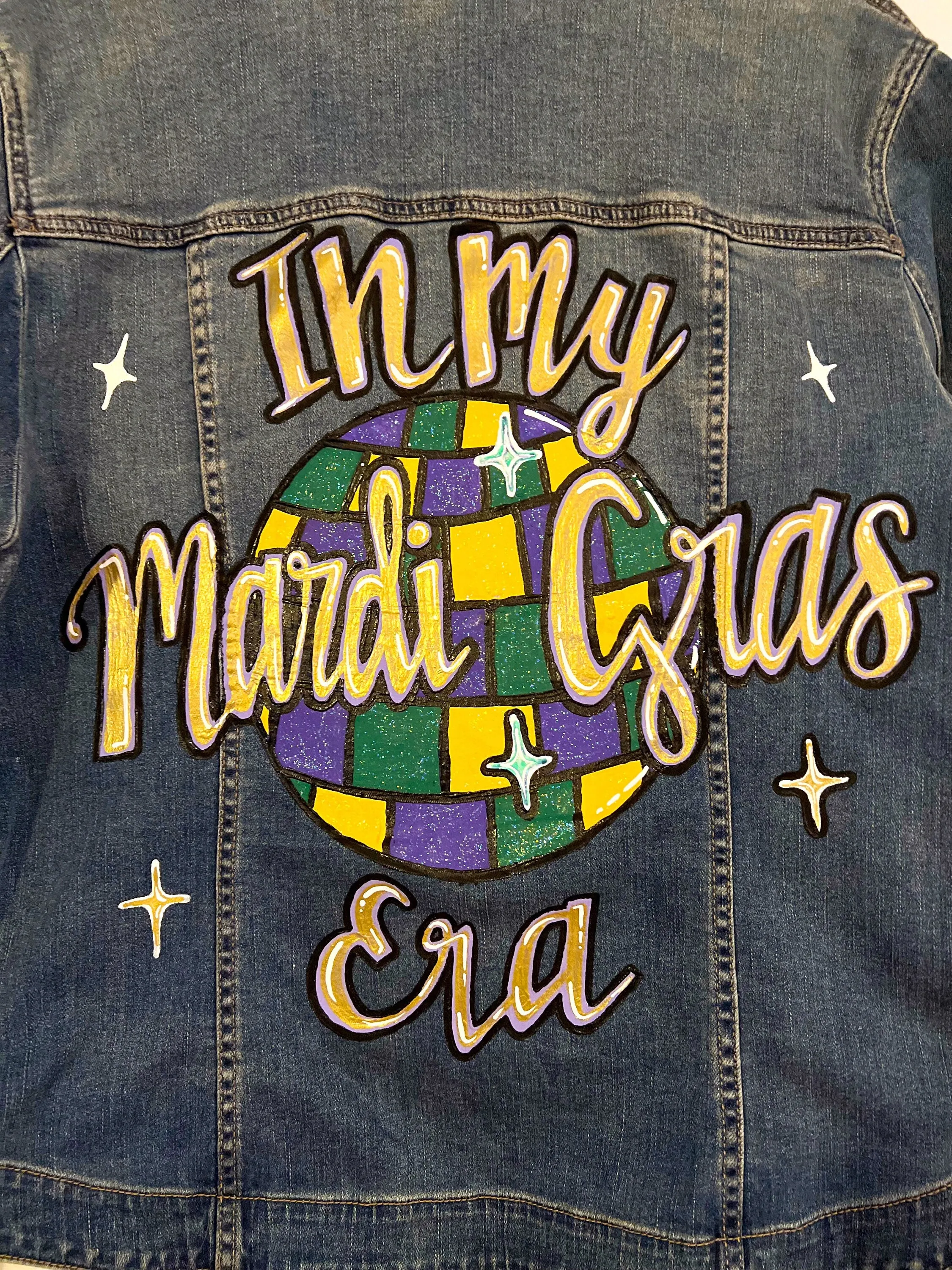 Hand Painted Mardi Gras Jean Jacket - Mardi Gras, Painted Jean Jacket, New Orleans, NOLA, Purple Green Gold, Mardi Gras, Parade Outfit