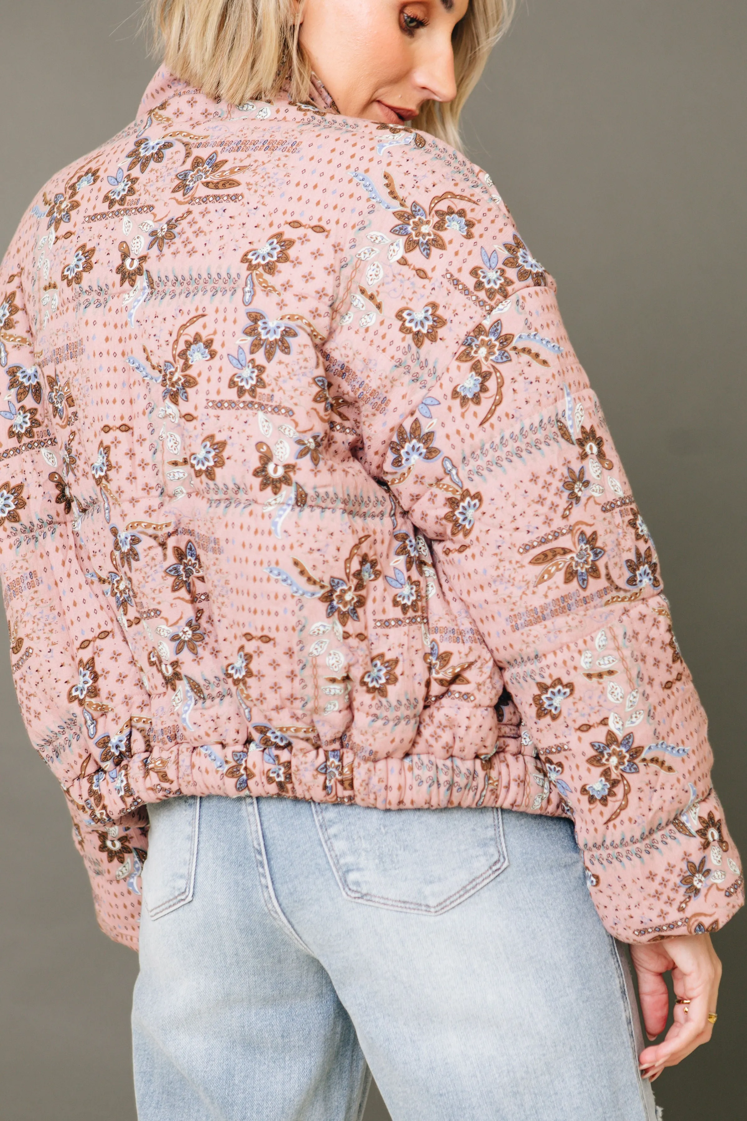 Pink Posy Floral Puff Jacket (S-3XL)