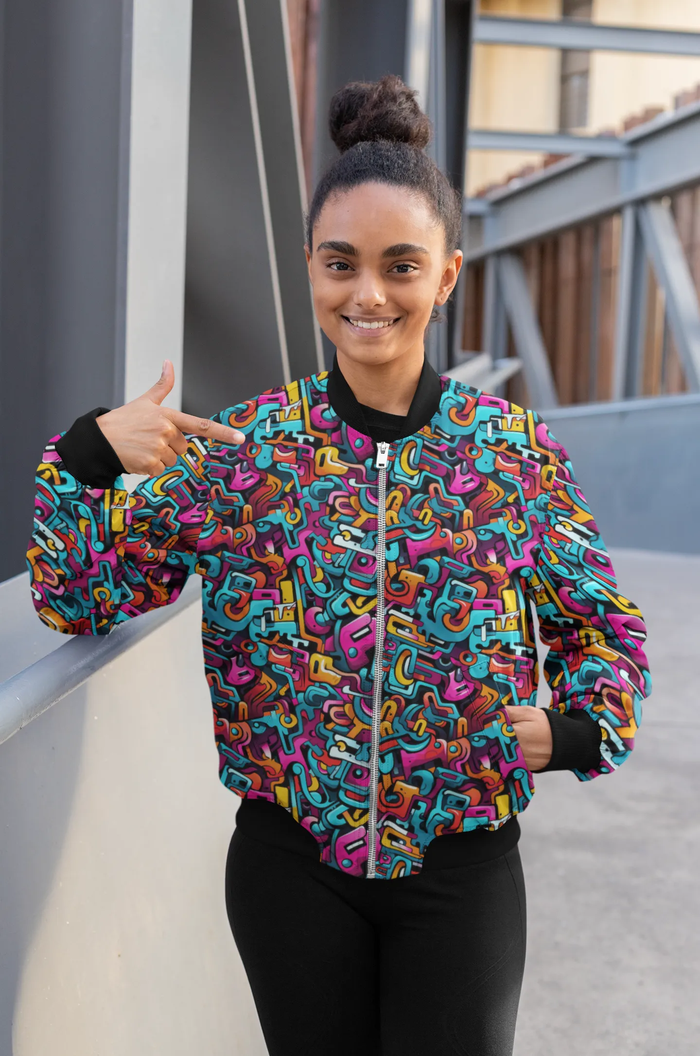 Unisex Graffiti All-Over Print Bomber Jacket - Trendy Outerwear for All