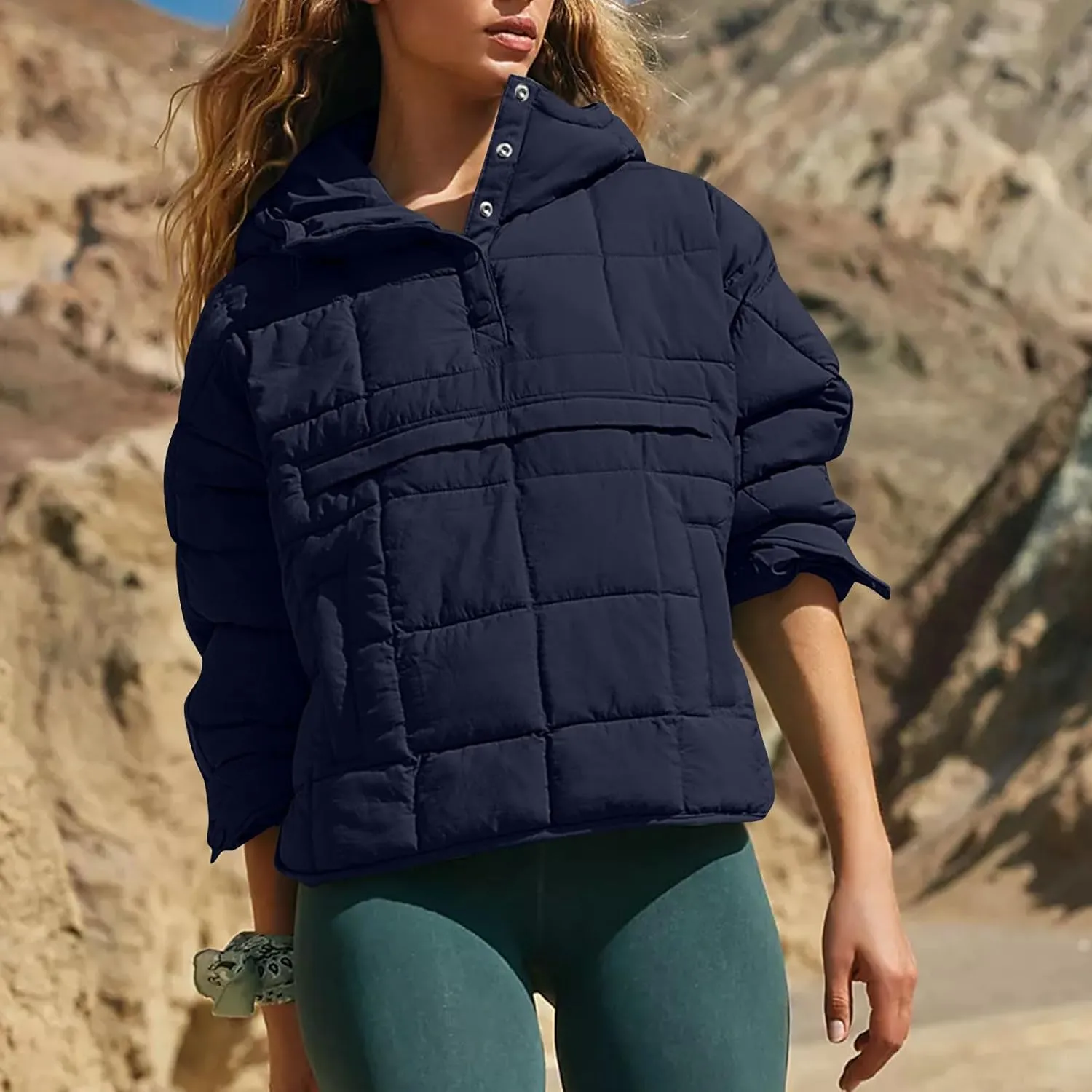Women Quilted Pullover Packable Puffer Jacket Long Sleeve Quarter Snap Oversized Hoodie Winter Hooded Padded Coat